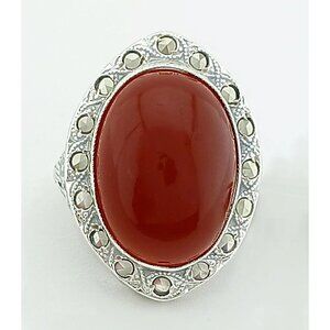 Genuine 5.40 Cts Carnelian & Marcasite Ring Solid .925 Sterling Silver